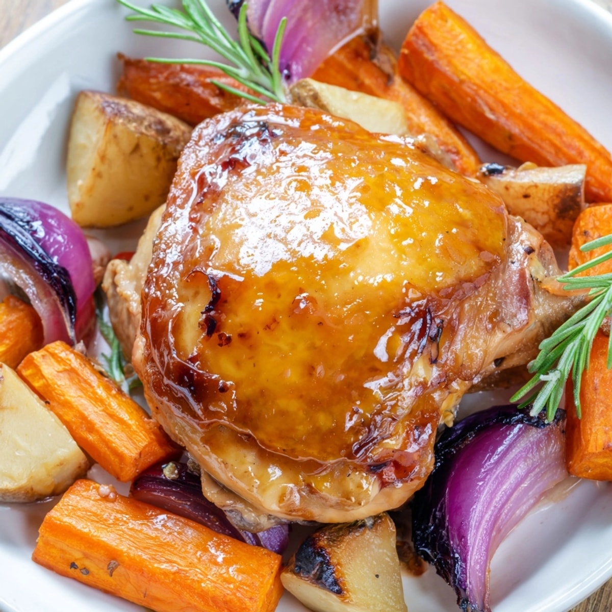 Golden Honey-Glazed Chicken with Roasted Root Vegetables: Crispy skin, tender meat, and sweet, savory veggies.