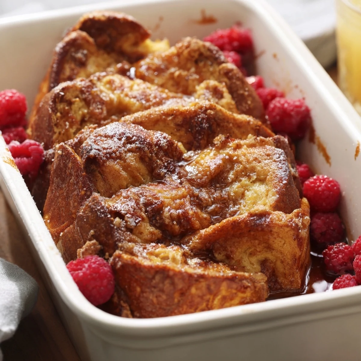 Delicious, fluffy serving of Soft Spice Baked French Toast Casserole, topped with melted butter and cinnamon sugar.