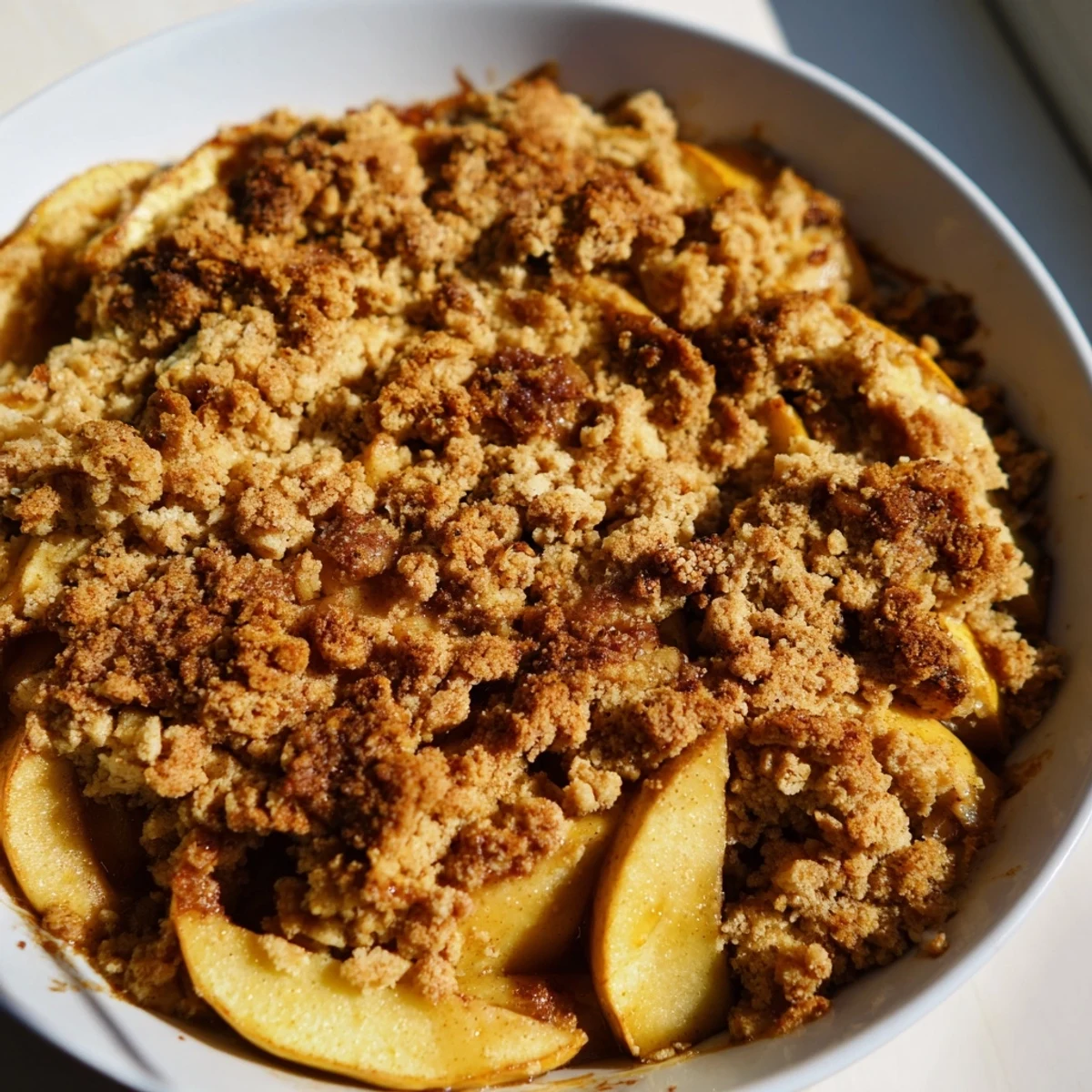Golden Warm Rustic Apple and Cinnamon Crumble, bubbling with juicy apples and a crisp, cinnamon crumble topping.