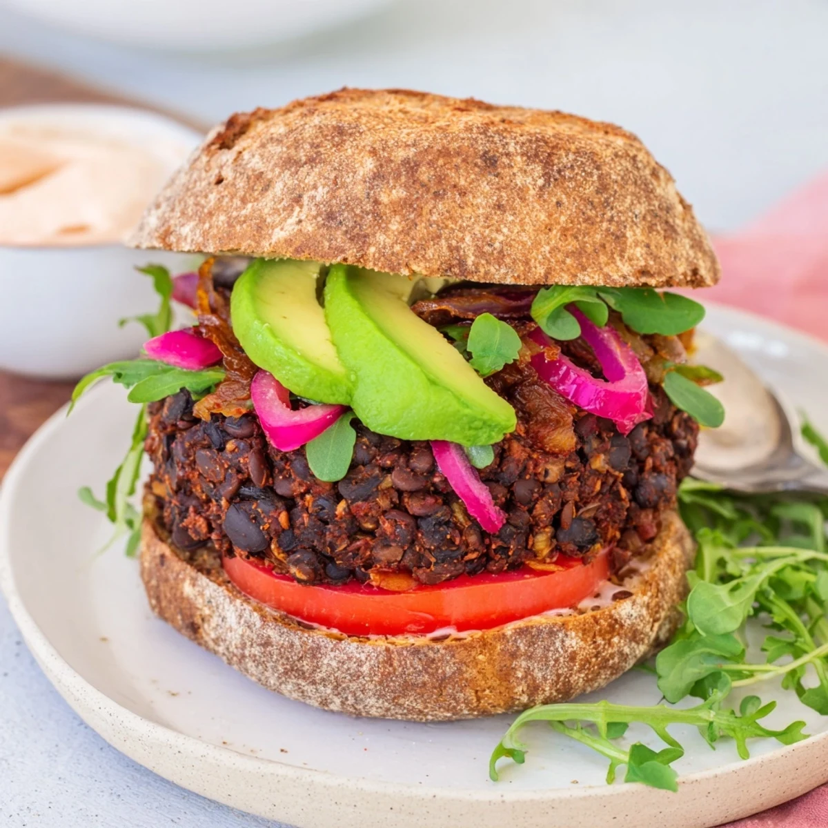 Stacked high: a delicious Zesty Black Bean Burger with avocado, ready for a satisfying vegetarian meal.