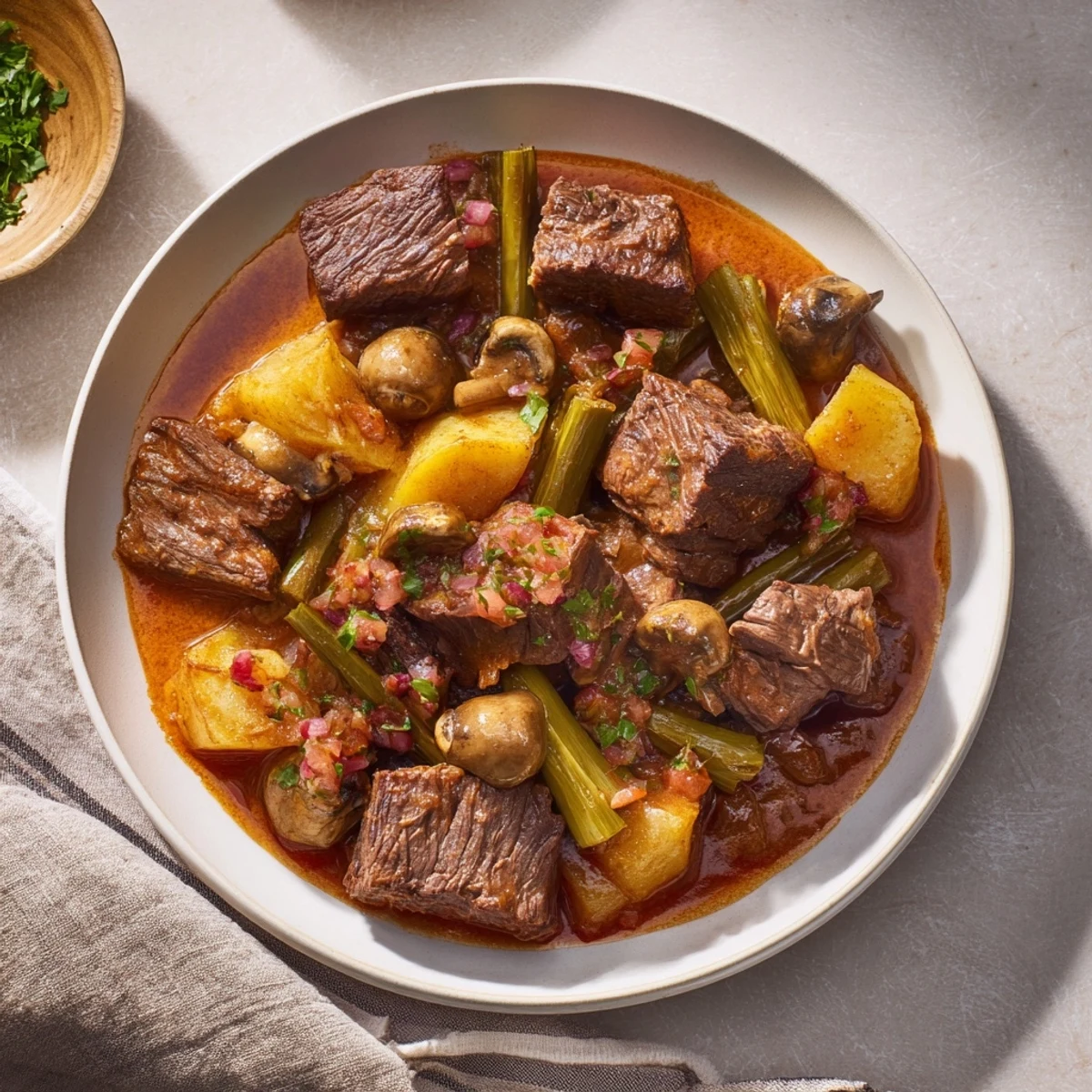 Steaming, earthy beef stew with rustic crusty bread, a comforting meal for a chilly evening.