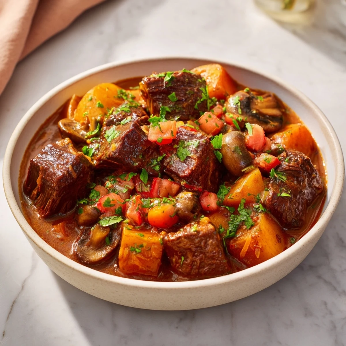 A close up shot of a hearty bowl of beef stew next to fresh, golden homemade bread slices.