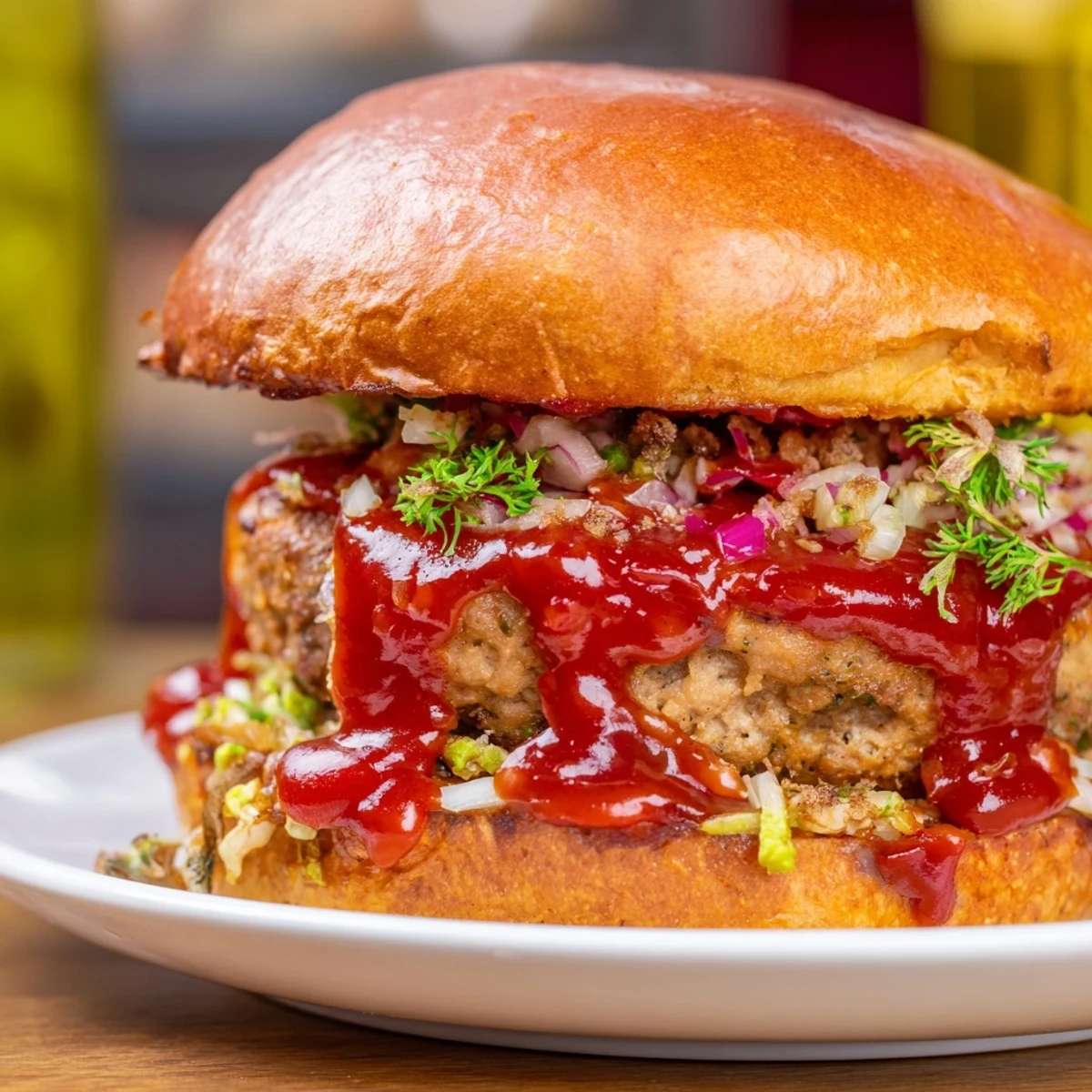 Close-up of baked everyday herb-sprigged turkey meatloaf, showing juicy texture and fresh herb flecks.