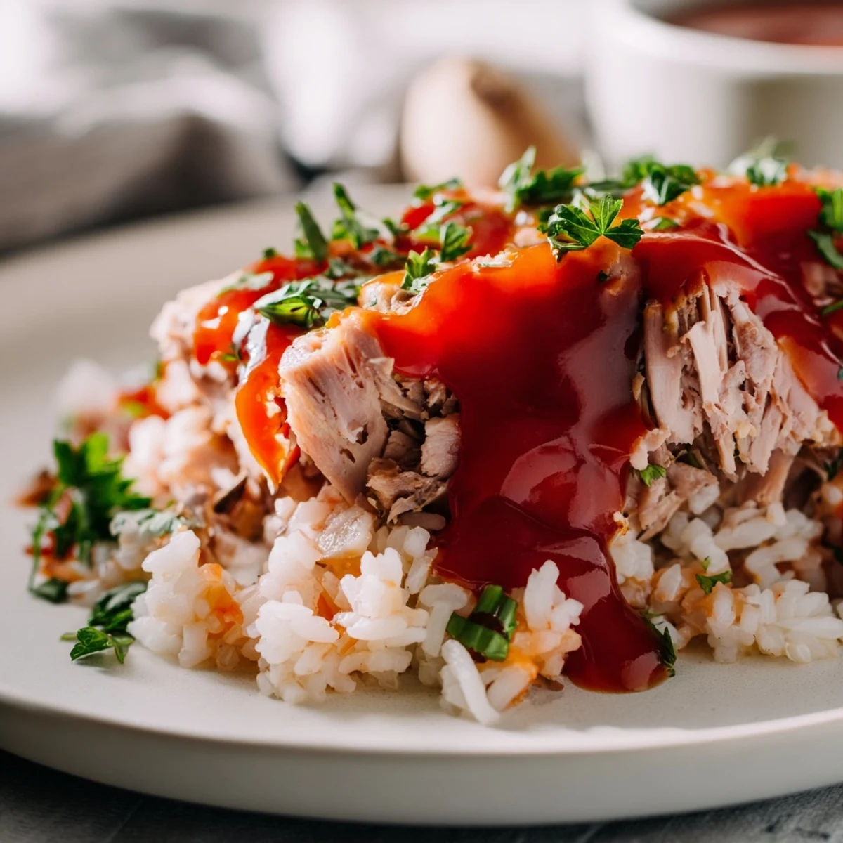 Moist, herb-sprigged turkey meatloaf, glistening with a sweet glaze, ready to serve with sides.
