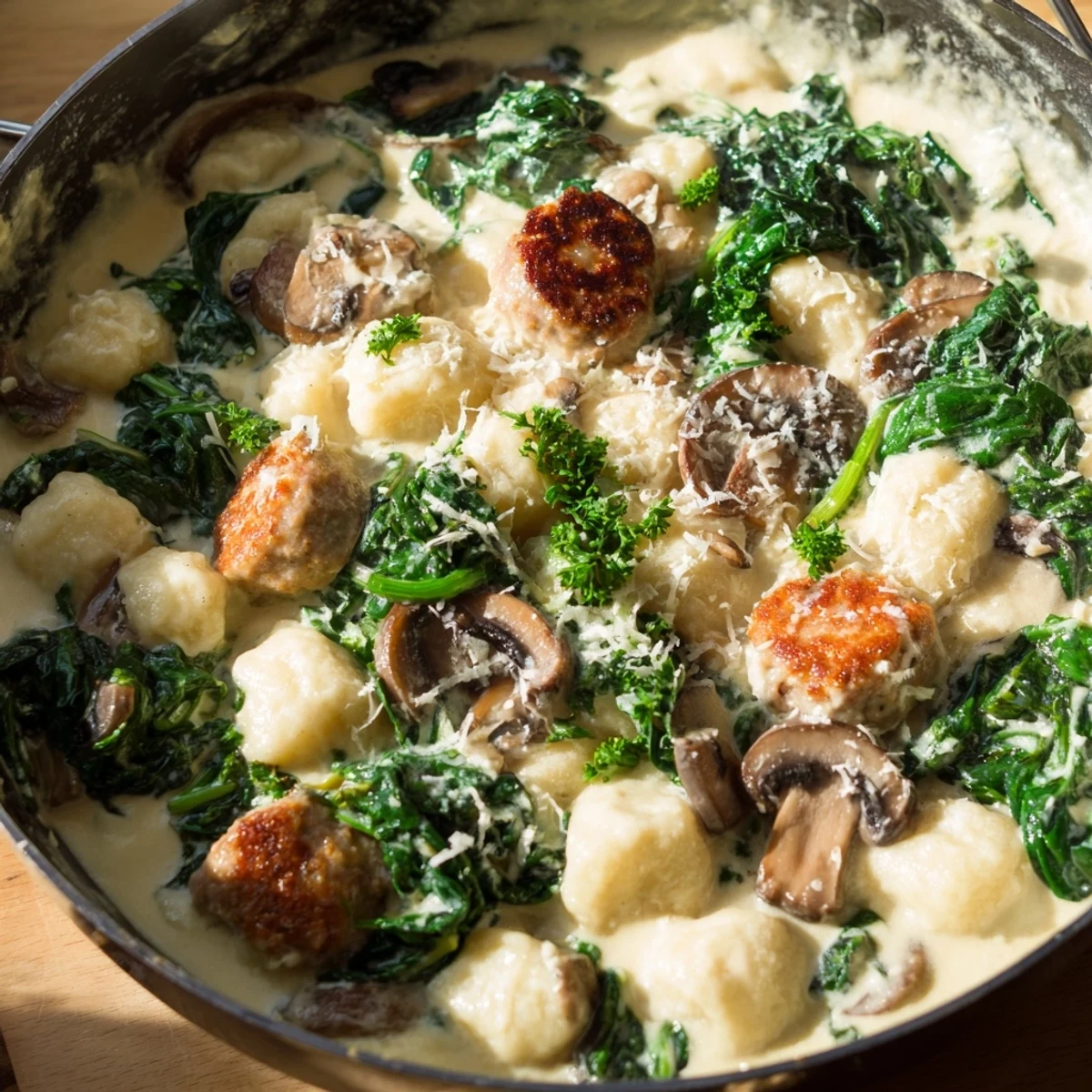Enjoy warm, hearty woodsy skillet sausage and mushroom gnocchi, brimming with garlic and flavorful mushrooms.