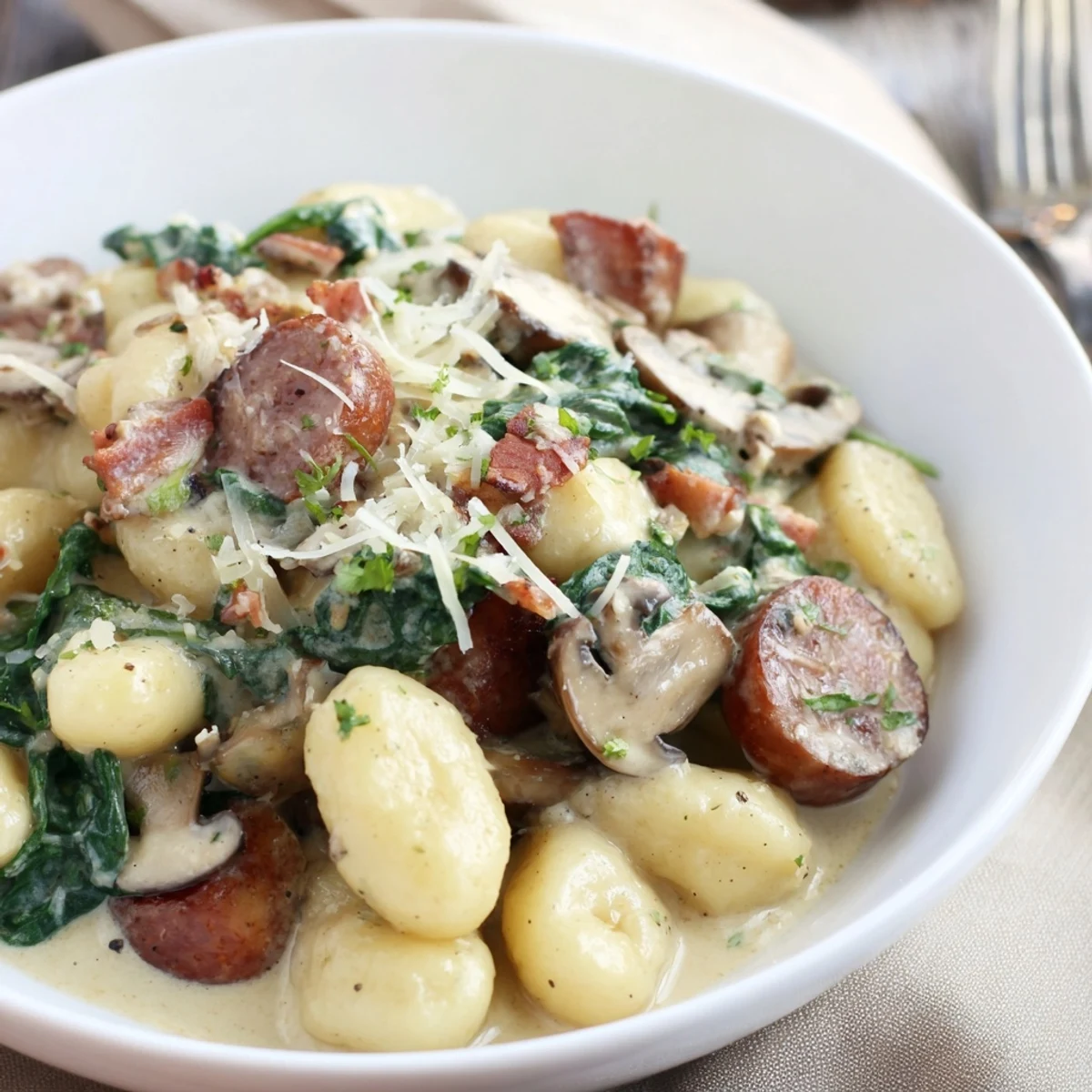 Golden skillet of woodsy sausage and mushroom gnocchi, a comforting, creamy Italian-American dinner.