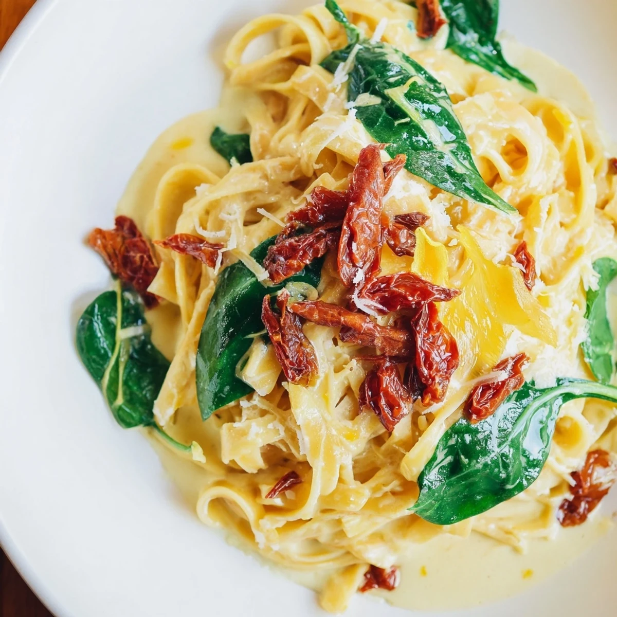 One-Pot Creamy Tuscan Garlic Herb Pasta, a warm bowl of pasta with spinach and creamy sauce.