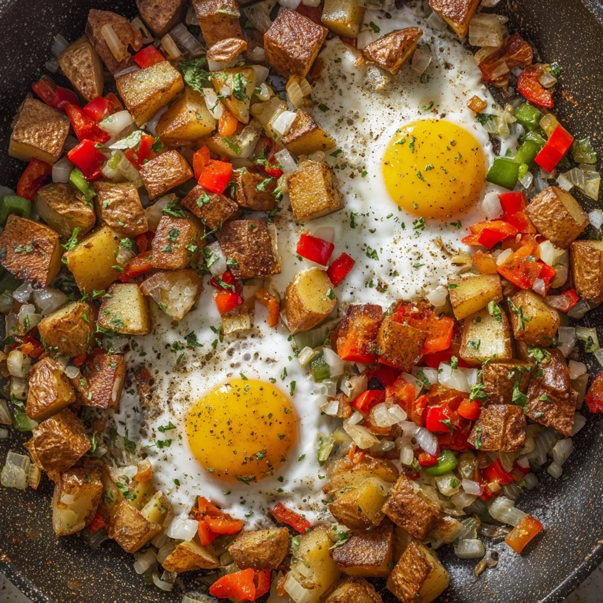 Golden potatoes and perfectly cooked eggs star in this simple skillet egg and potato hash.
