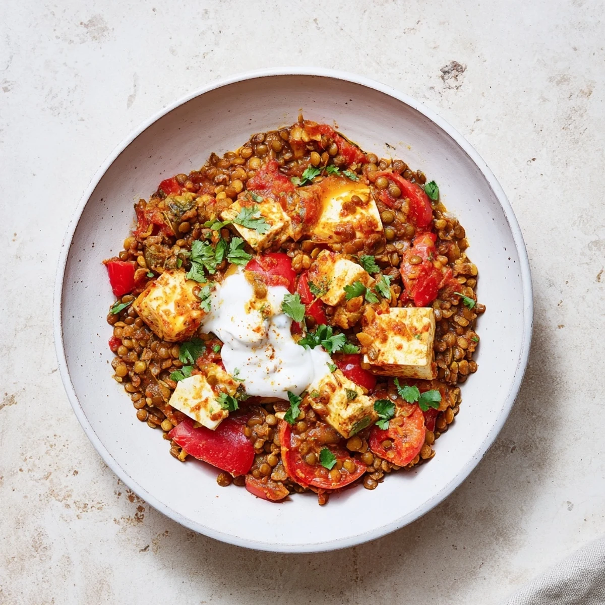 Steaming bowl of Wheat-Warm Hearty Lentil Curry, with vibrant veggies and fresh cilantro garnish.