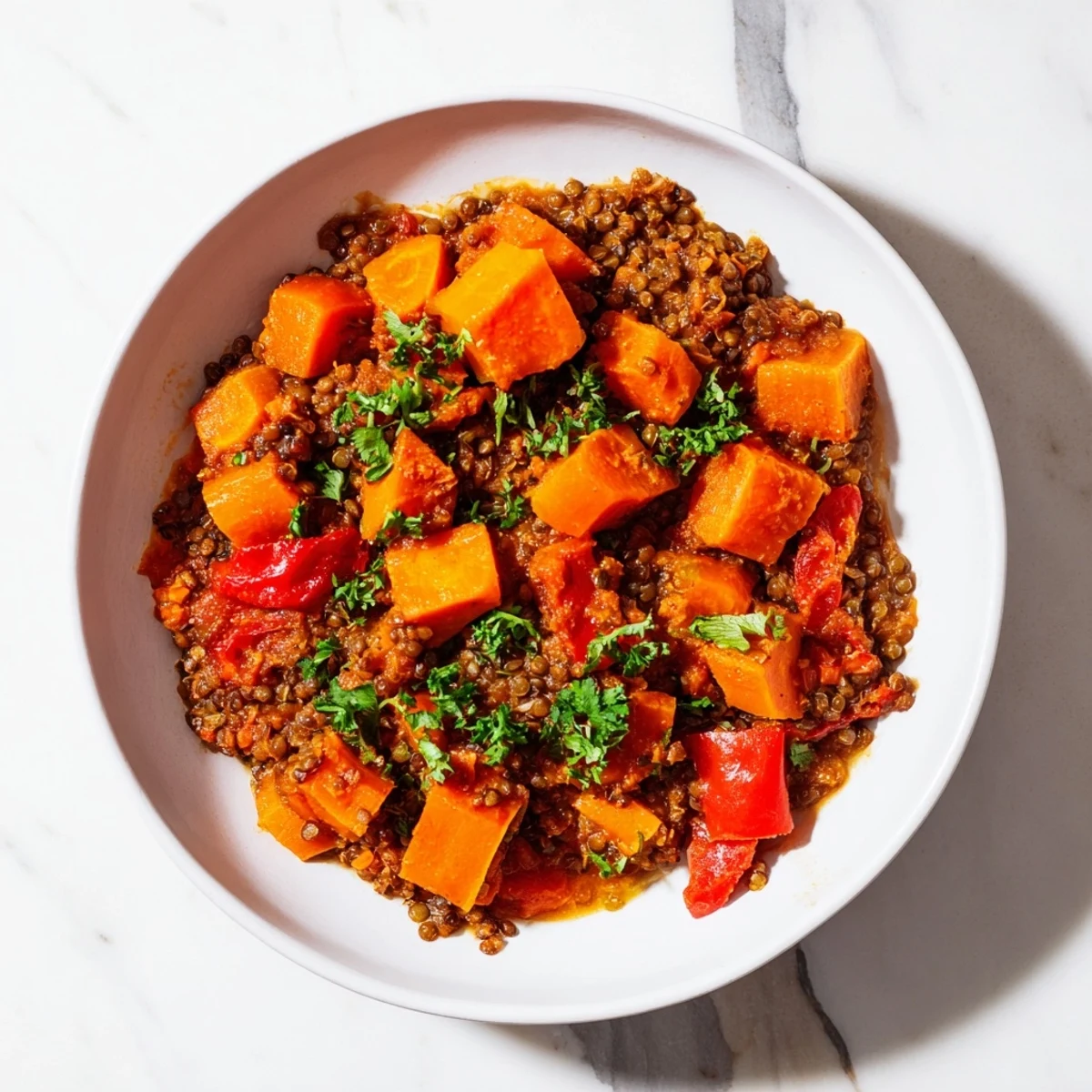A close-up of Wheat-Warm Hearty Lentil Curry, showcasing the thick, comforting texture with warm spices.