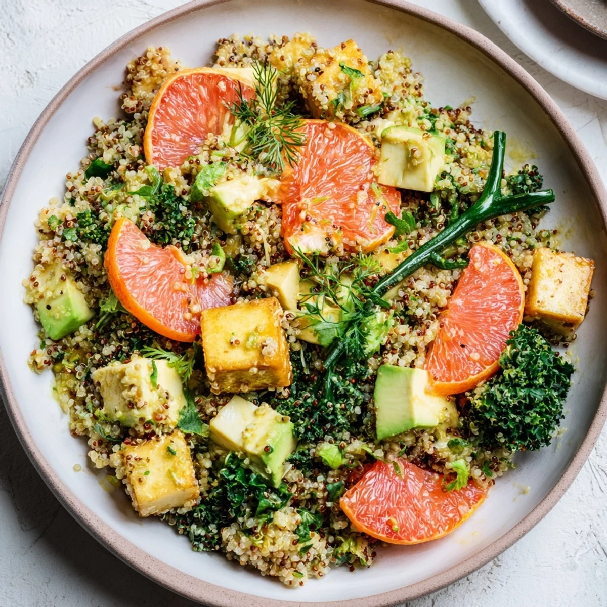 Fresh Citrus & Avocado Quinoa Bowl with vibrant citrus and creamy avocado, ready to eat.