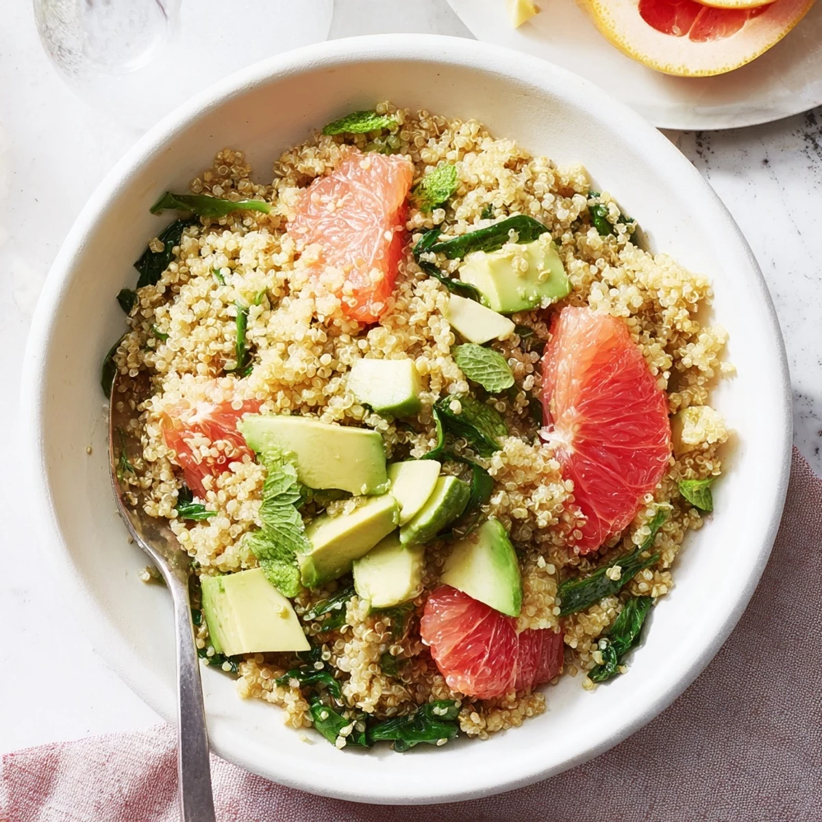 This stunning picture shows a Fresh Citrus & Avocado Quinoa Bowl, full of fresh flavors.