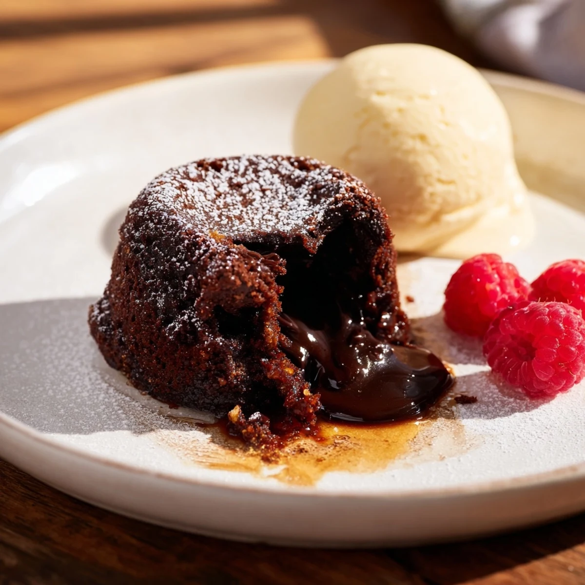 Warm dark chocolate lava cakes, a delightful dessert with oozing, rich chocolate centers ready to be served.