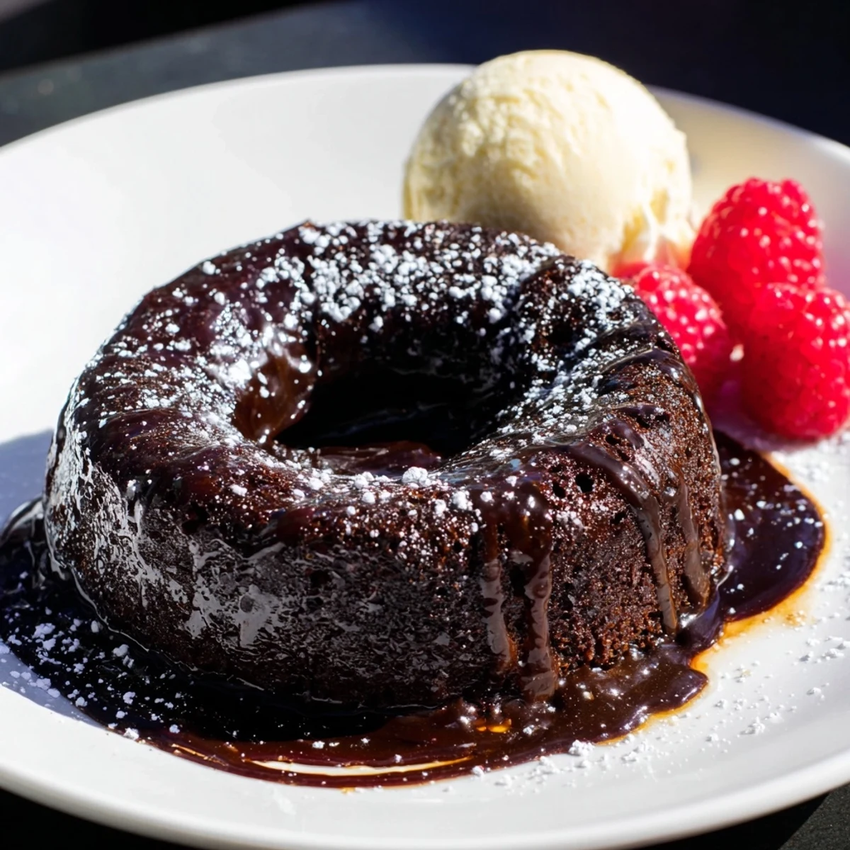 A close-up of a dark chocolate lava cake, showcasing its molten interior pouring over the plate.