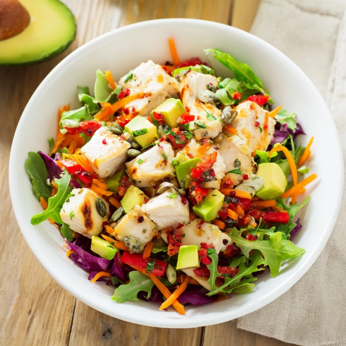 Delicious, easy Poppy-Inspired Chicken Salad Wraps with colorful veggies and ripe avocado for lunch.