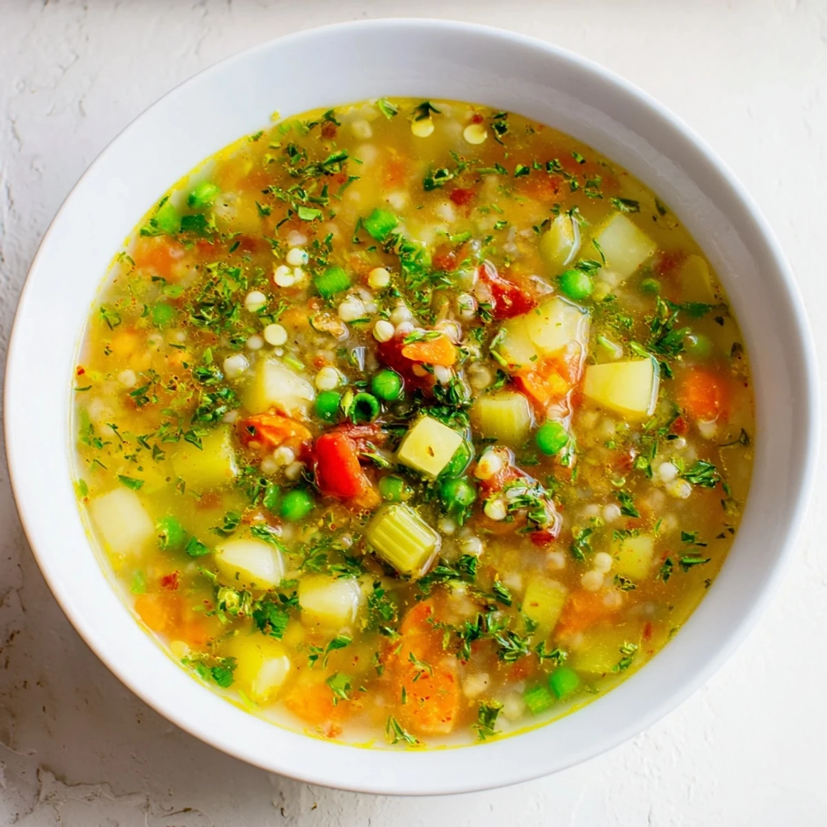 Steaming bowl of simple homemade grain and vegetable soup, filled with colorful, tender vegetables.