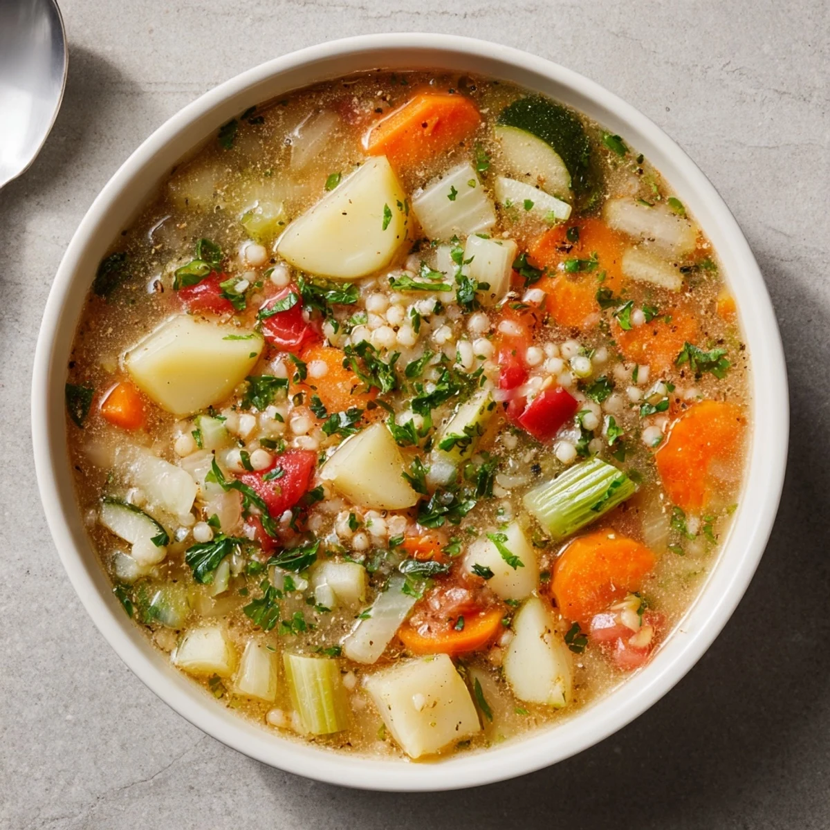 Close-up of hearty simple homemade grain and vegetable soup, garnished with fresh parsley and lemon.