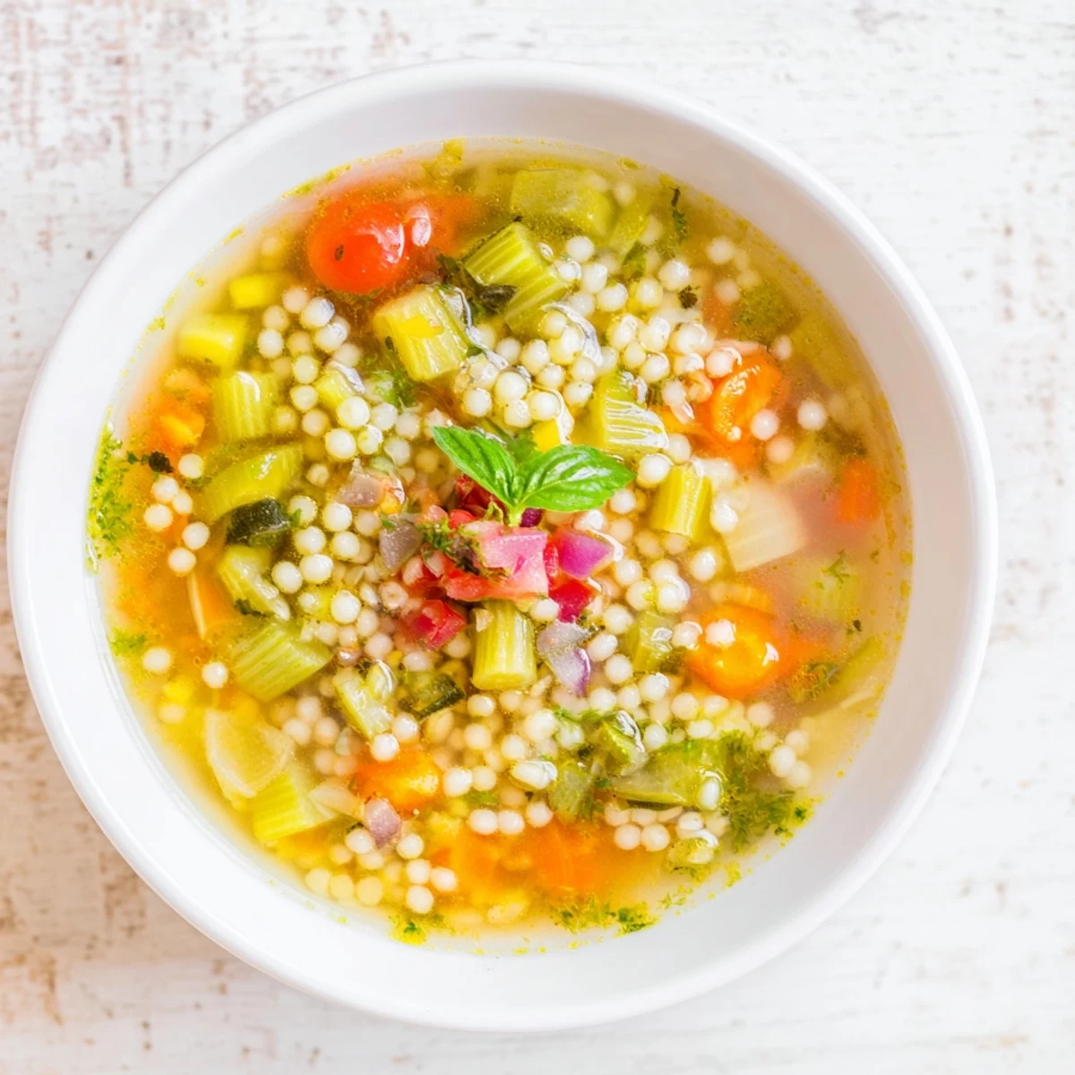A view of a warm, comforting bowl of simple homemade grain and vegetable soup, perfect for a cozy dinner.