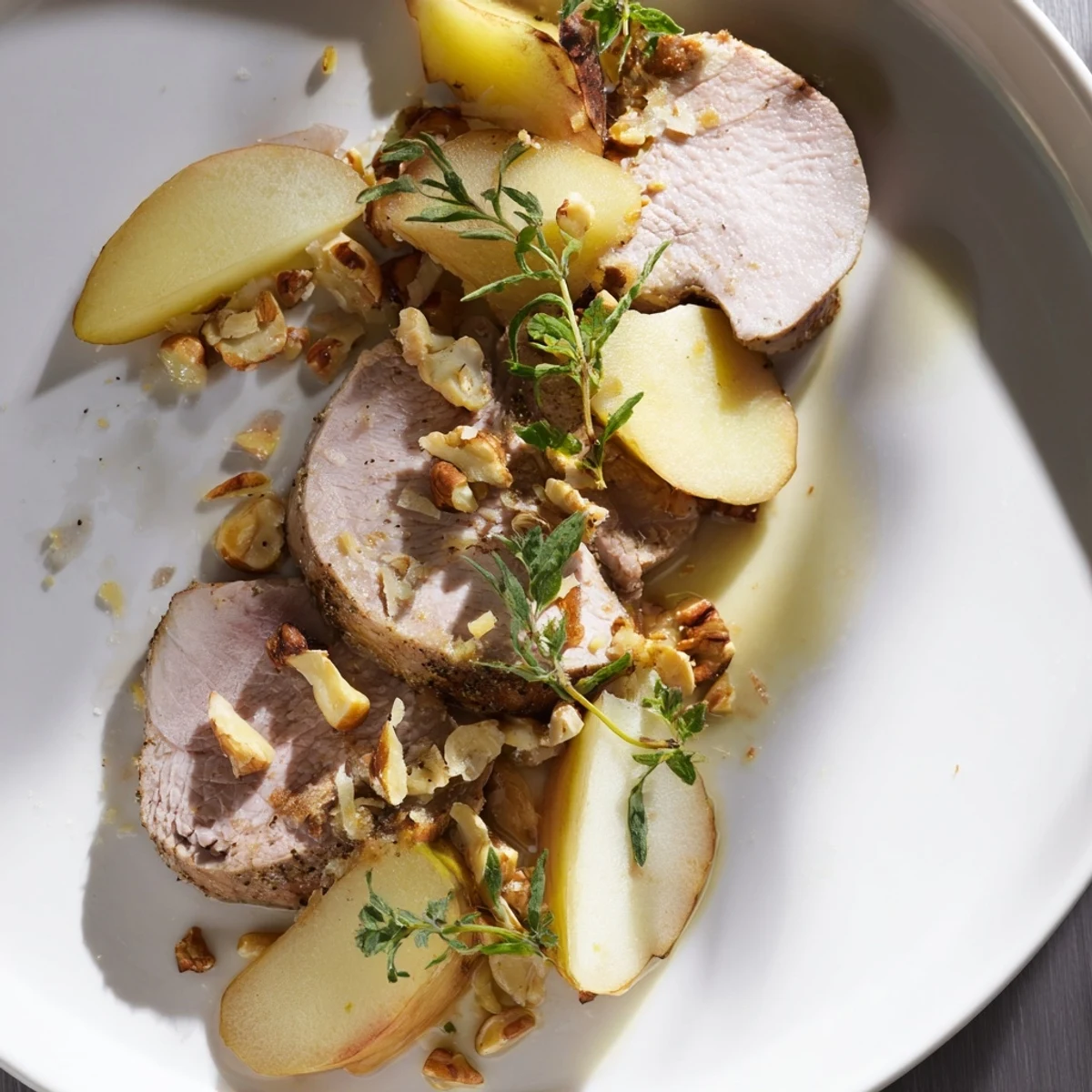 Golden-brown Thyme and Pecan Crusted Pork Tenderloin, ready to slice with accompanying roasted vegetables.