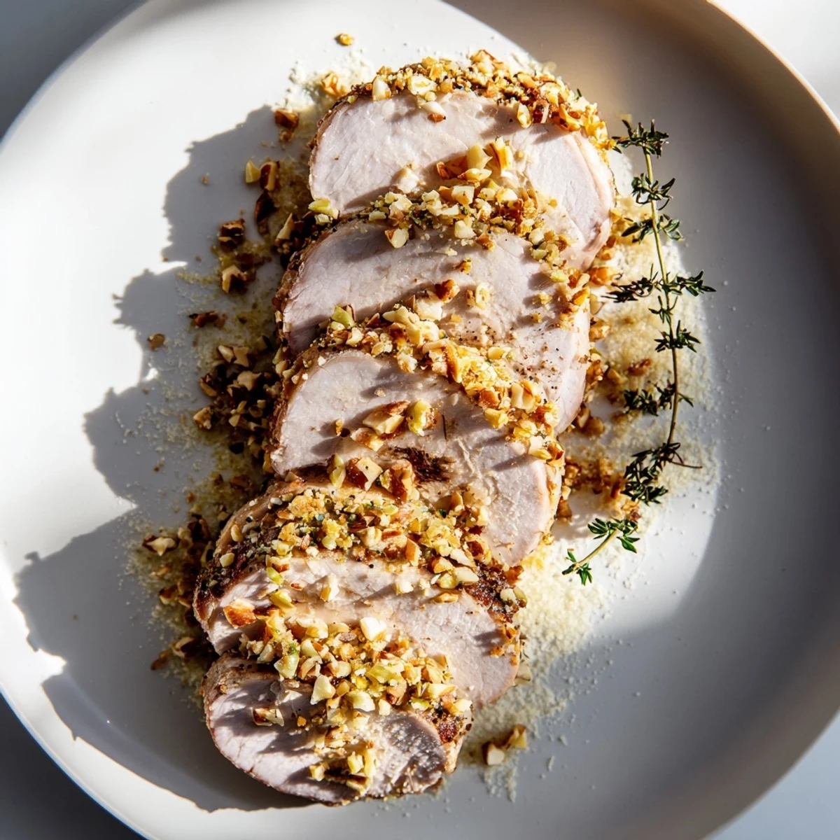 Close-up of a flavorful Thyme and Pecan Crusted Pork Tenderloin, featuring a crispy, nutty crust.