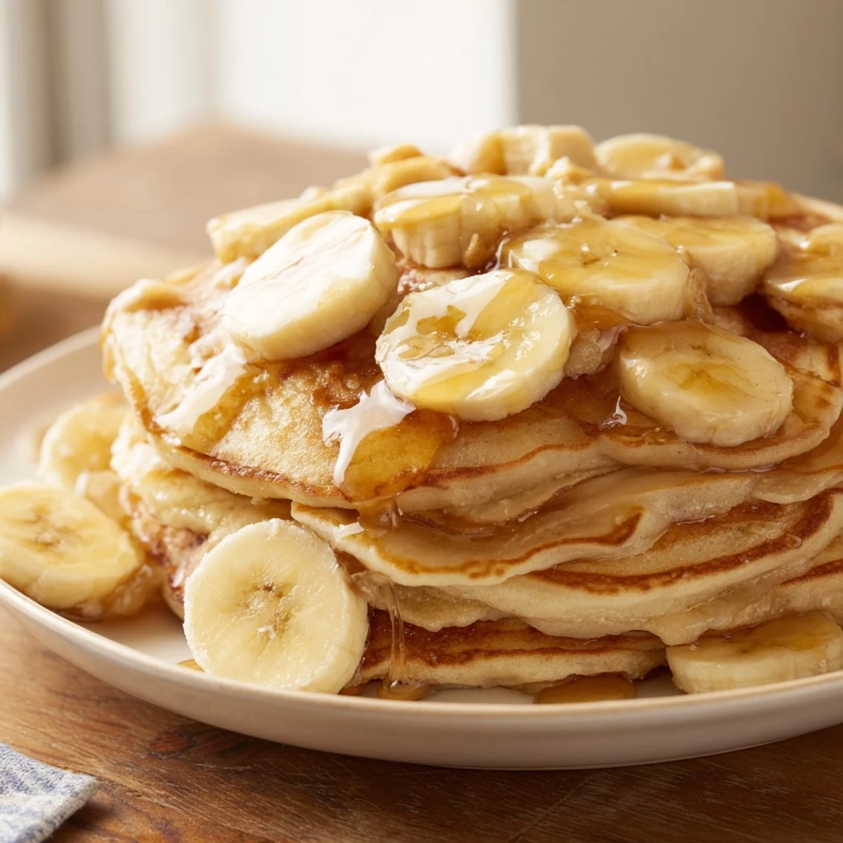 Fluffy Weekend Golden-Brunch Banana Pancakes with warm maple syrup, a delightful brunch dish ready to serve.