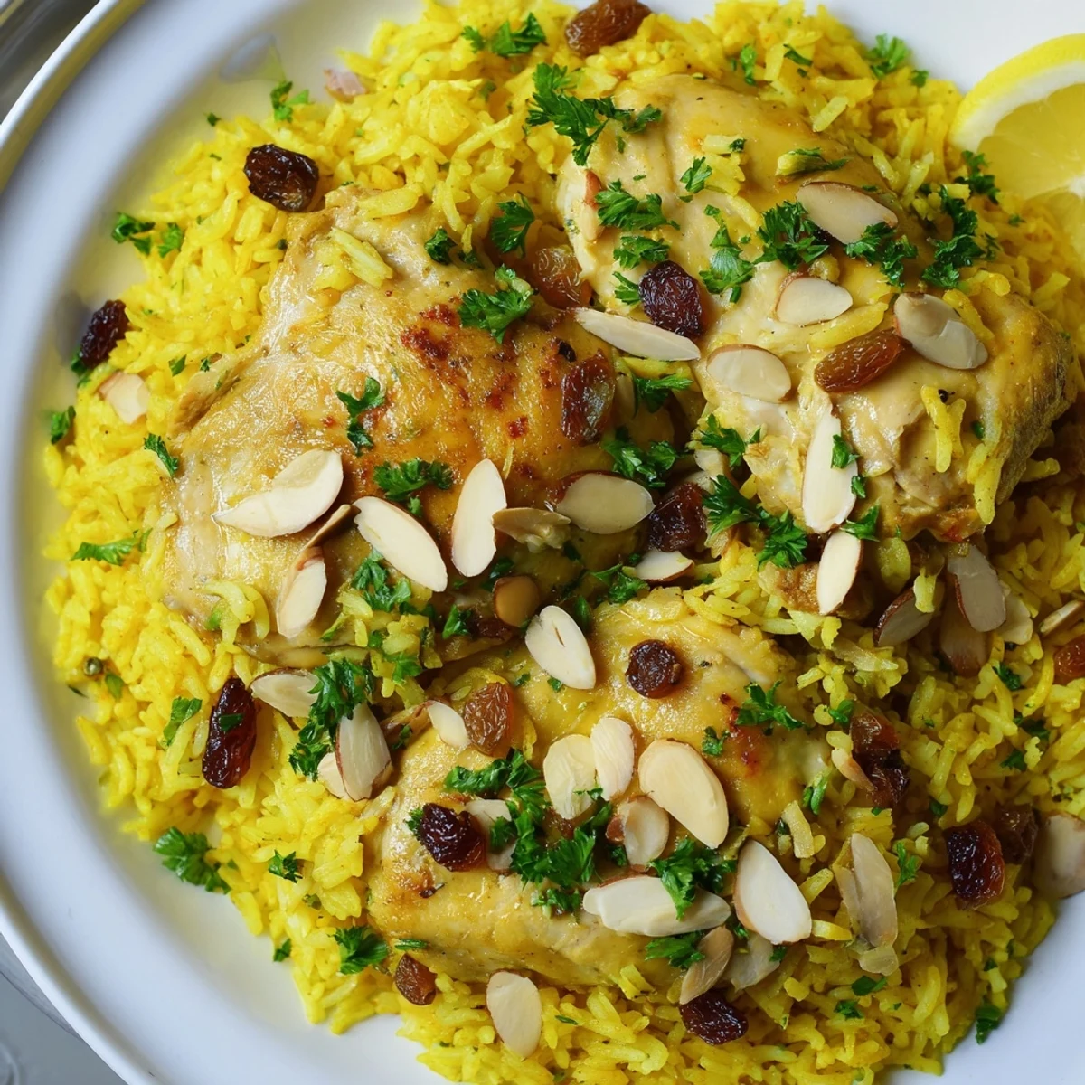 Golden saffron chicken and rice pilaf, a warm, inviting bowl ready to serve with lemon.