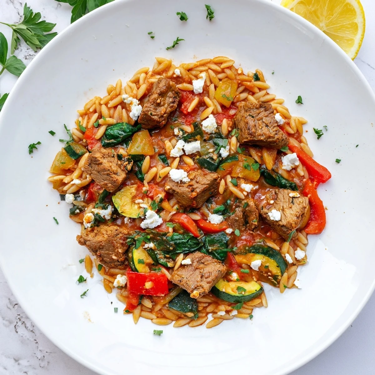 Smoky Mediterranean Lamb and Orzo Supper: A warm, savory stew, featuring tender lamb and fluffy orzo.