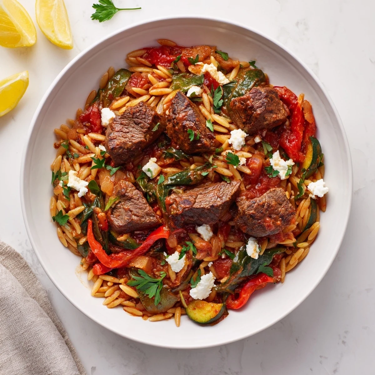 This flavorful bowl of Smoky Mediterranean Lamb and Orzo Supper shows orzo pasta and hearty lamb chunks.