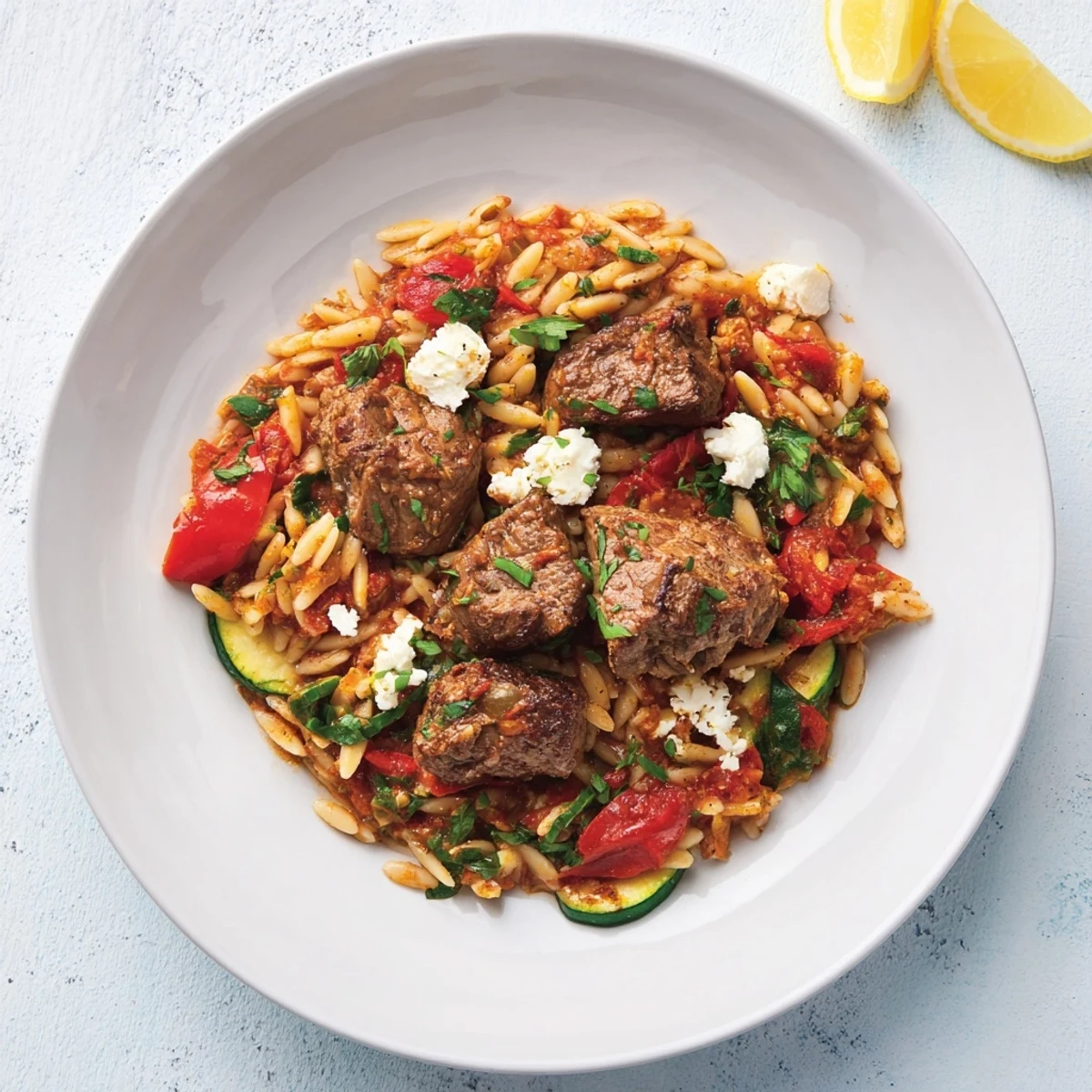 Imagine the aroma: This Smoky Mediterranean Lamb and Orzo Supper blends spices with fresh parsley and feta.