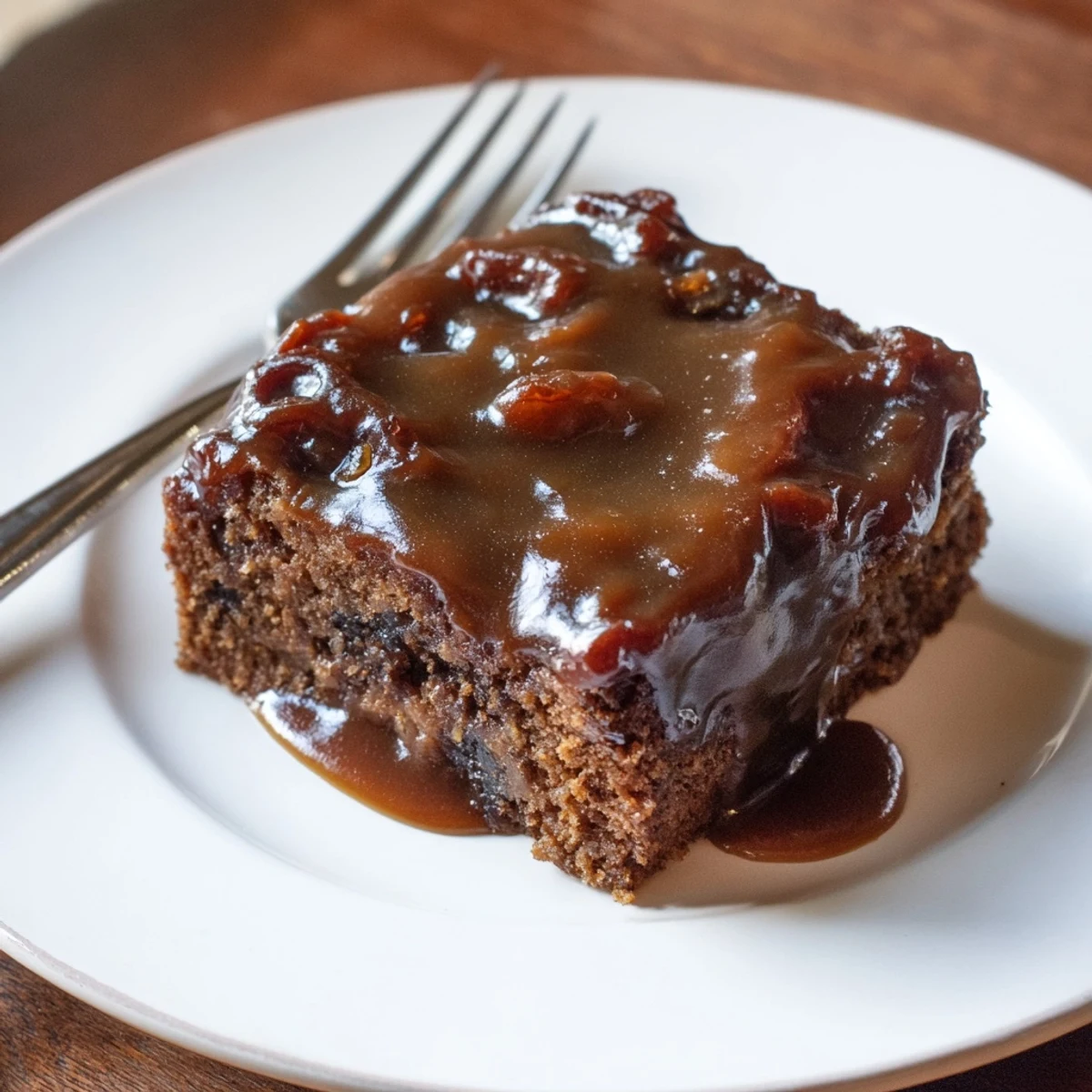 Warm Weekend Cabin-Style Sticky Toffee Pudding drizzled with shimmering toffee sauce, ready to serve.