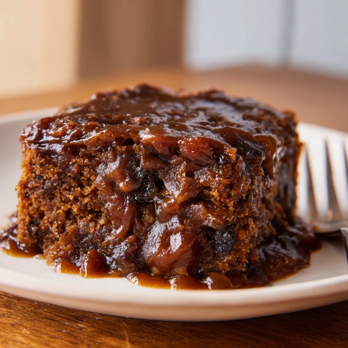 A close-up of a steaming, golden Weekend Cabin-Style Sticky Toffee Pudding, its date-studded center visible.