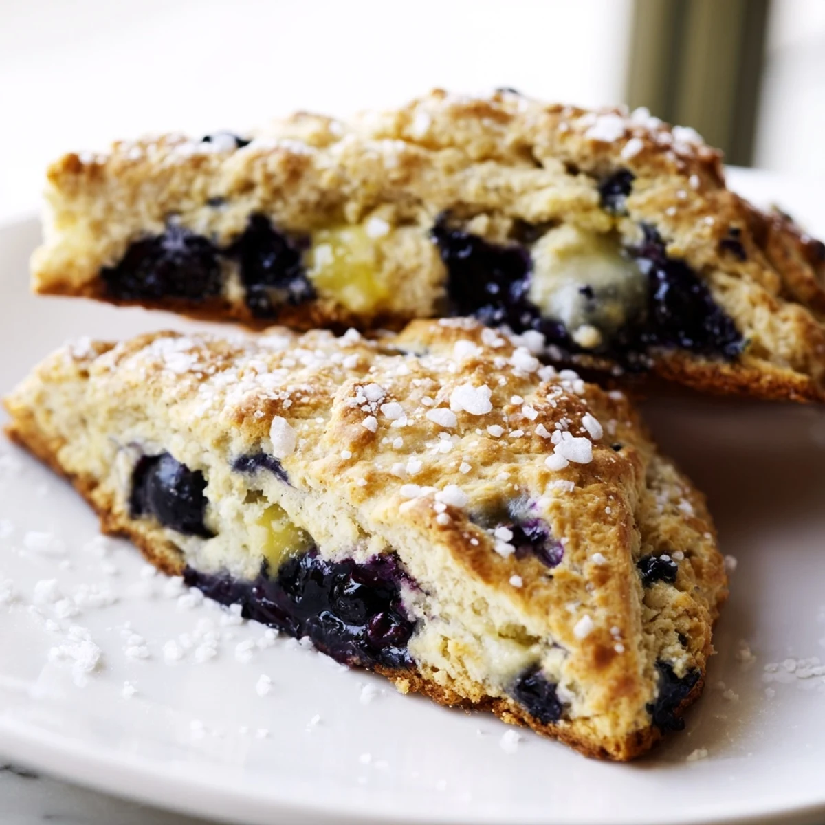 Golden brown Rustic Birch-Warm Blueberry Scones, overflowing with juicy blueberries, ready to serve warm.