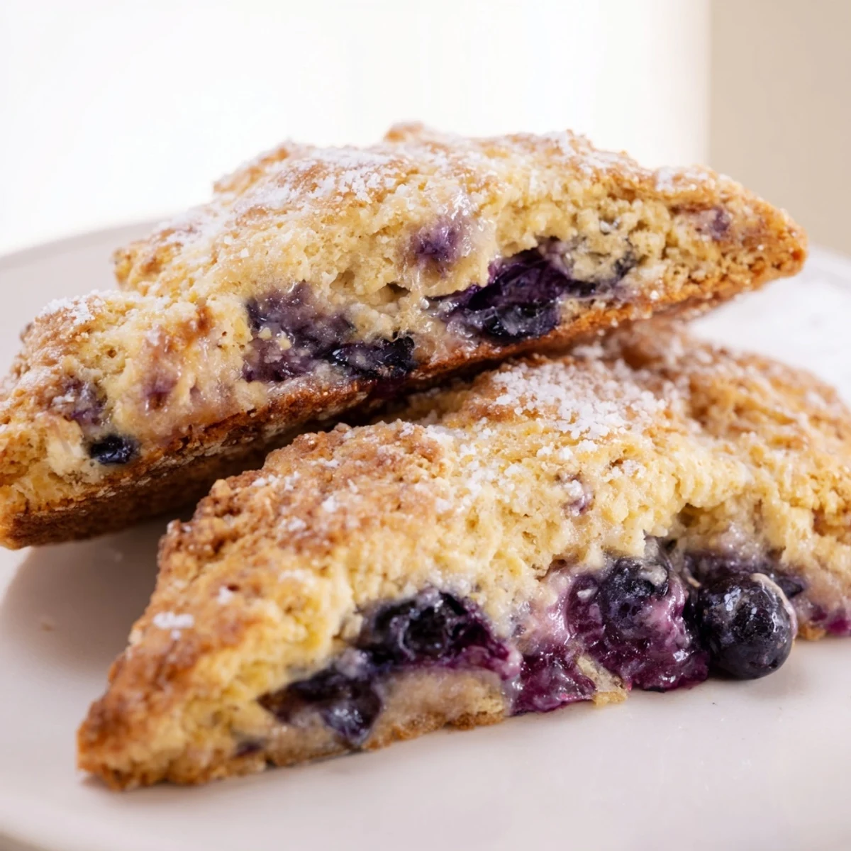 Freshly baked Rustic Birch-Warm Blueberry Scones with a glistening sugar crust, perfect for brunch.