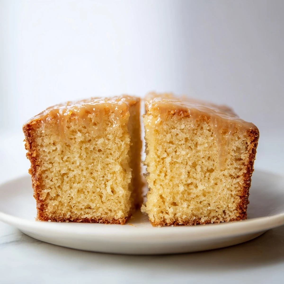 A warm slice of Soft Glow Golden Honey Pound Cake, perfect with a dollop of whipped cream.
