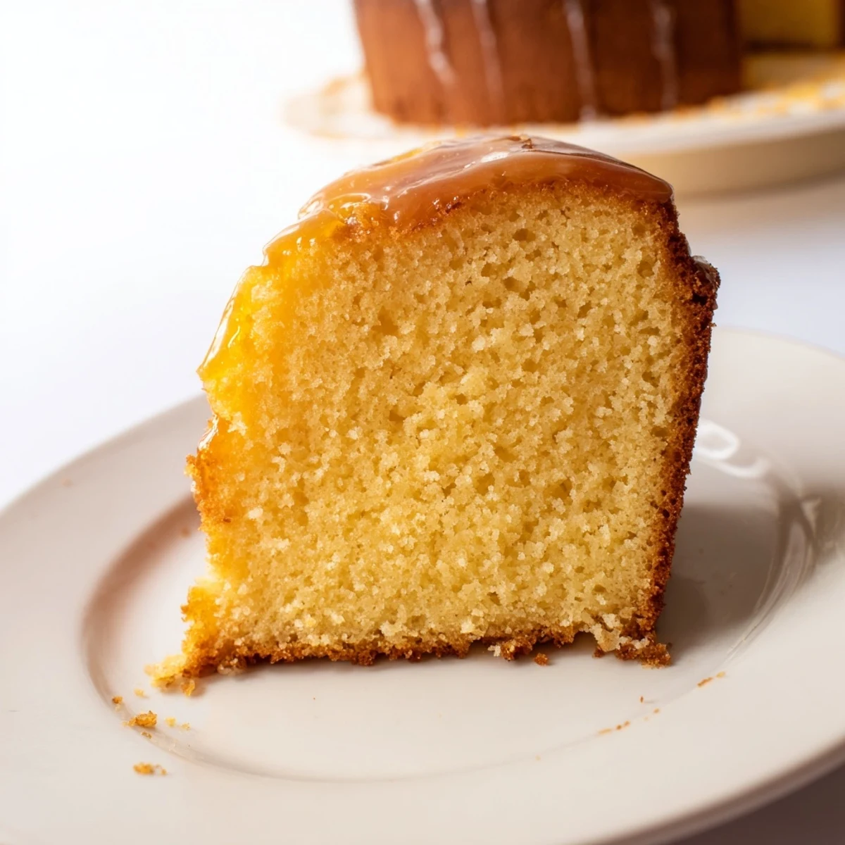 Golden Honey Pound Cake, sliced open to show a moist crumb, glistening with honey glaze.