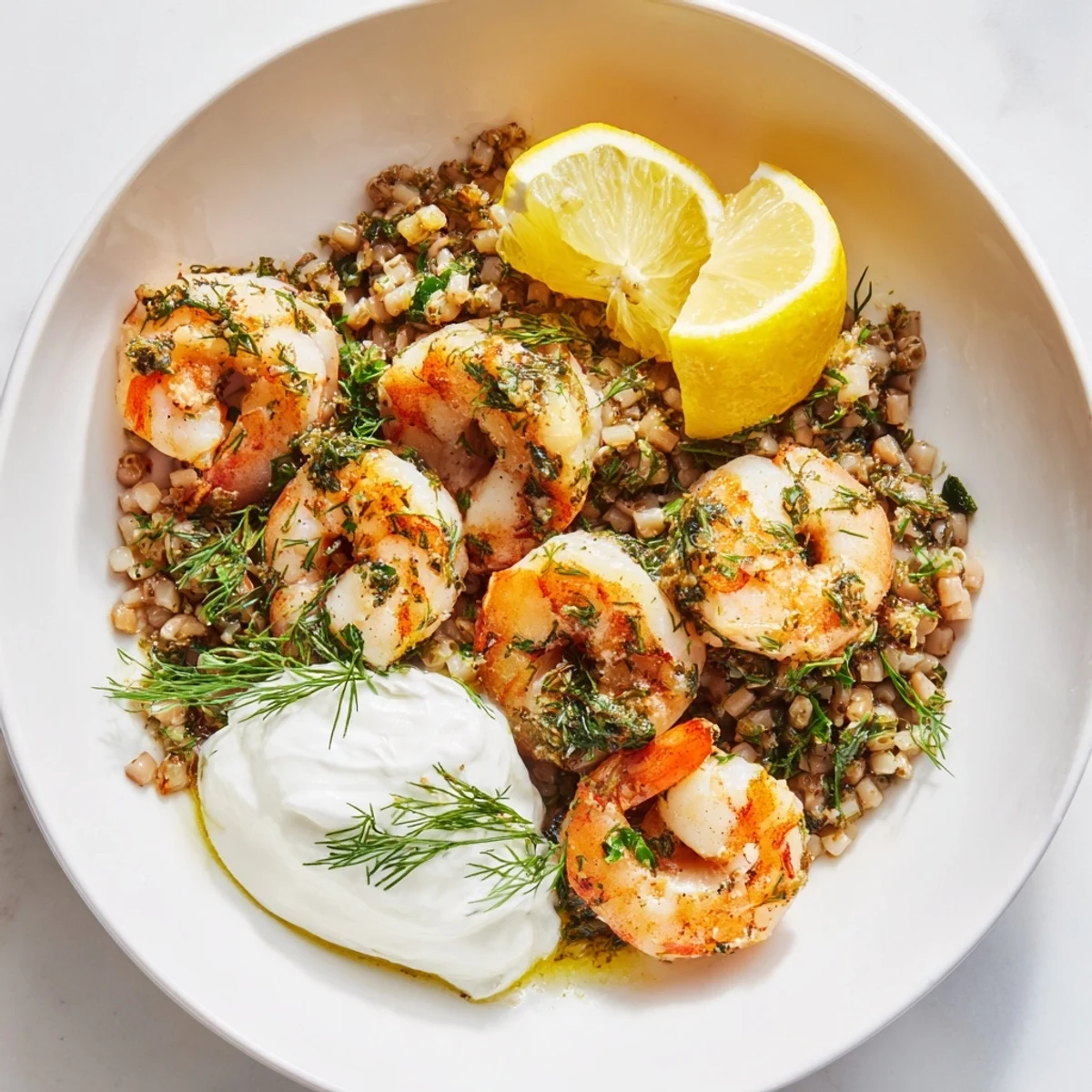 Succulent, cooked shrimp glistening in a lemon herb sauce, serving the Light & Bright Lemon Herb Shrimp Scampi.