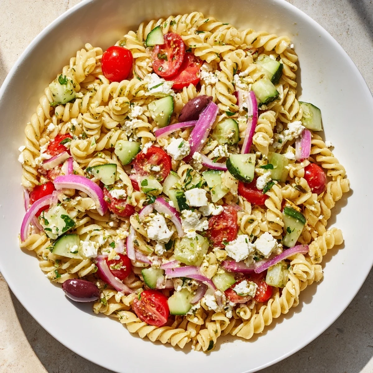 Enjoy this refreshing Mediterranean Olive Oil and Feta Pasta Salad, a delicious vegetarian meal to savor.