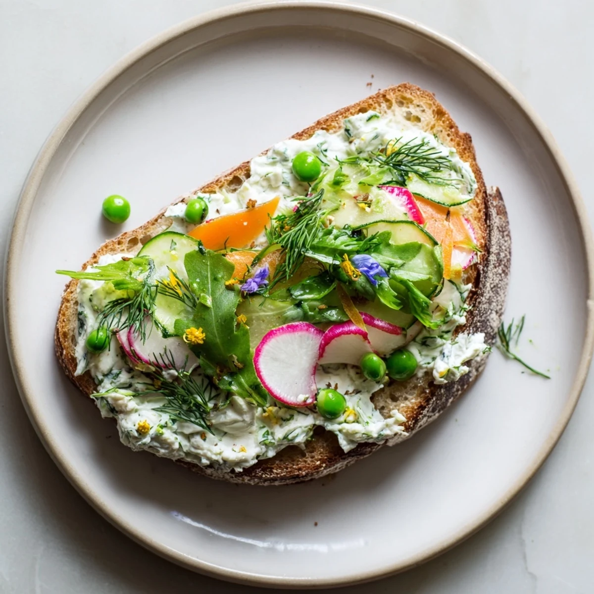 Fresh Meadow-Inspired Garden Vegetable Tartines: Colorful seasonal veggies atop creamy herbed cheese on toasted bread.