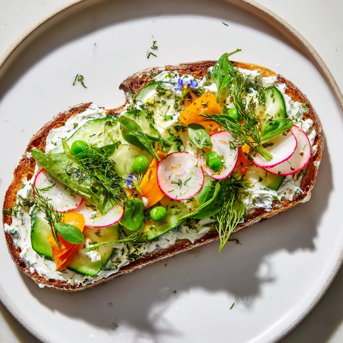 Enjoy the fresh, vibrant flavors of these Fresh Meadow-Inspired Garden Vegetable Tartines ready to be devoured.