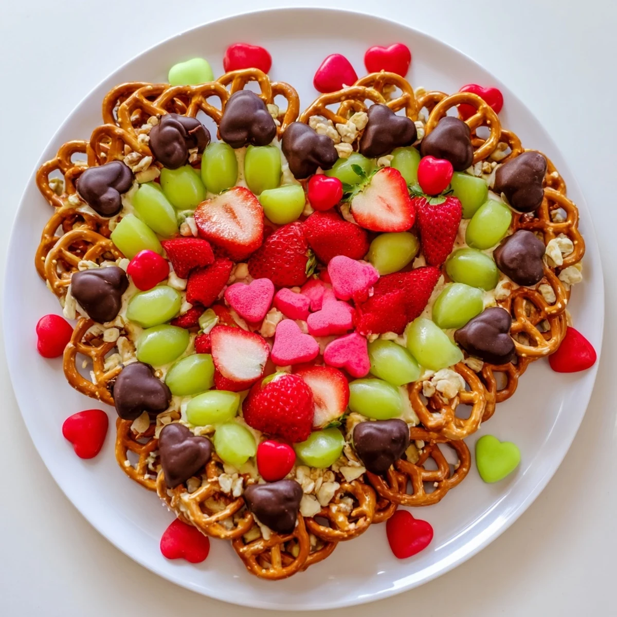 Vibrant Grinch Heart Pretzel Board with a heart-shaped arrangement of sweet and salty snacks for festive nibbling.