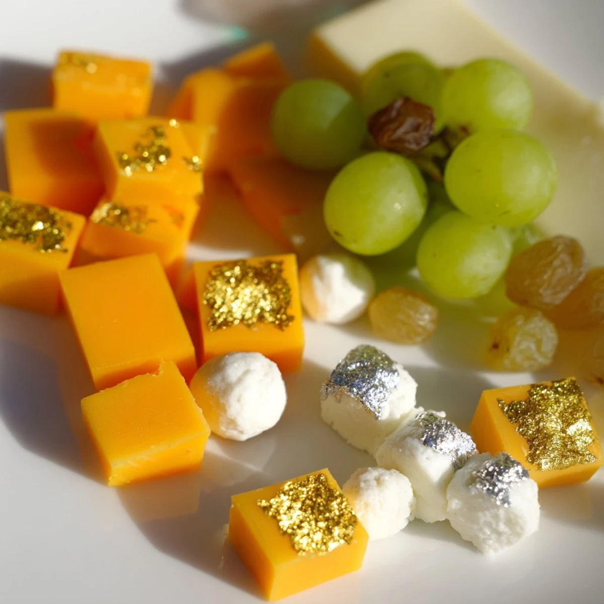 Festive gold and silver cheese cube board, featuring Gouda, goat cheese, grapes, and almonds for serving.