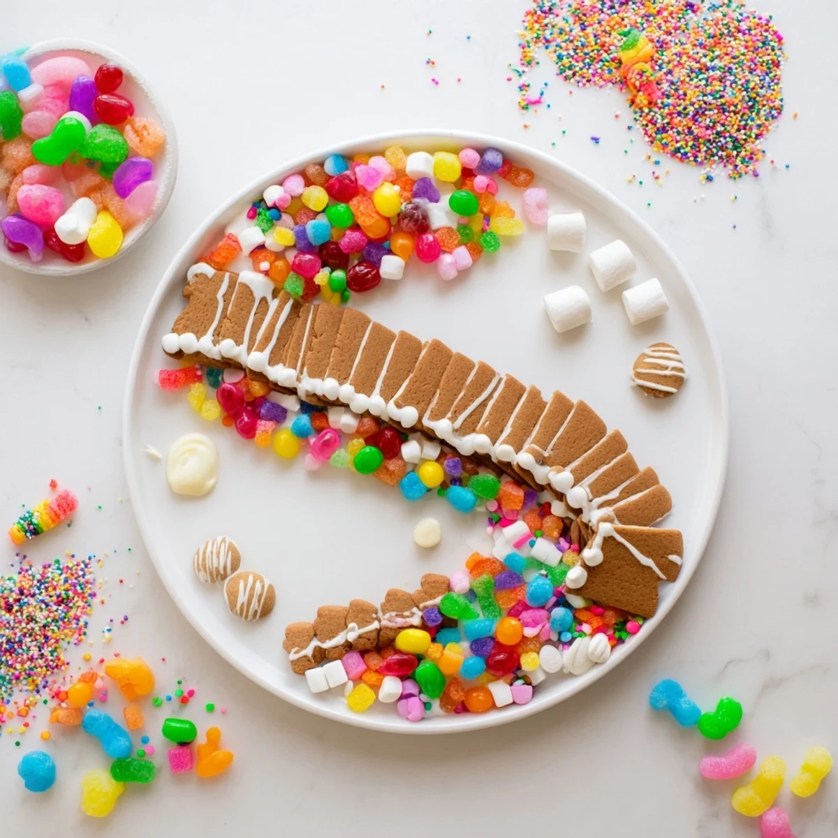 Vibrant Candy Land gingerbread path dessert board with colorful candies and inviting sweet treats.