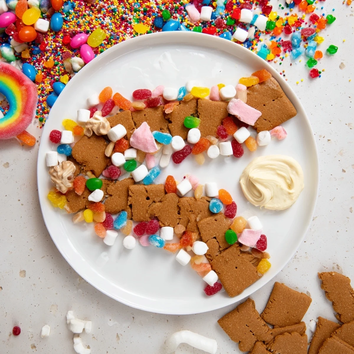 A festive Candy Land gingerbread path dessert board ready to eat, featuring bright candies and cookies.