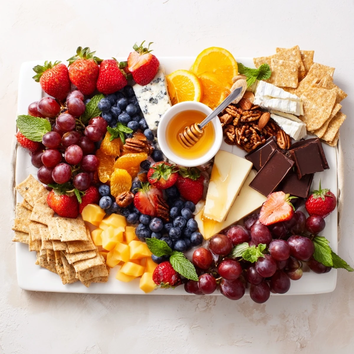 Vibrant Grapes of Fortune dessert board with diverse textures: fresh grapes, creamy cheeses, and dark chocolate.