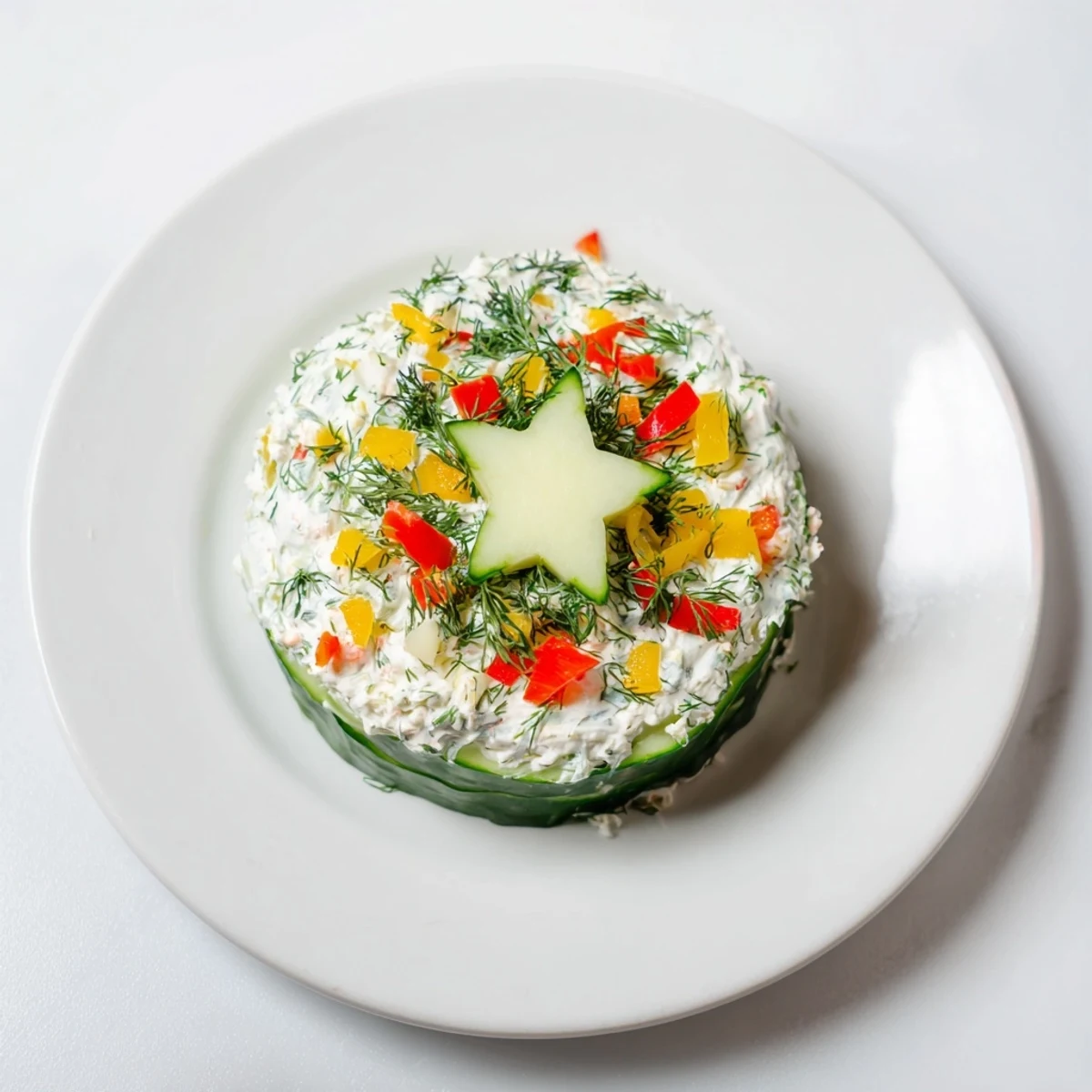 Vibrant overhead shot of creamy Holiday Star Cucumber Bites, perfect for a delicious vegetarian appetizer.