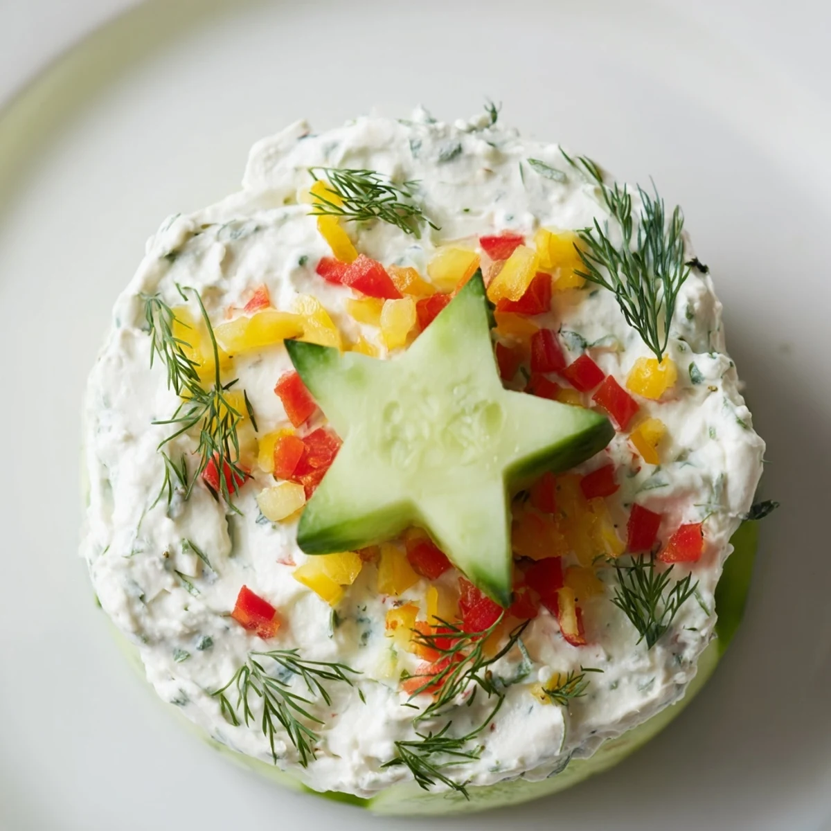 Close-up of refreshing Holiday Star Cucumber Bites, garnished beautifully for a delightful party snack.