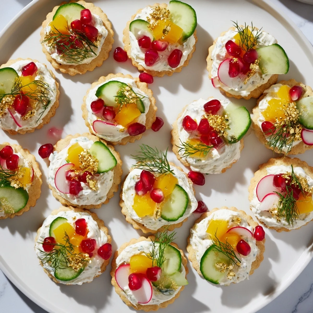 Colorful Ornament Shaped Cracker Toppings, festive and creamy, featuring fresh veggies and herbs, ready to serve.