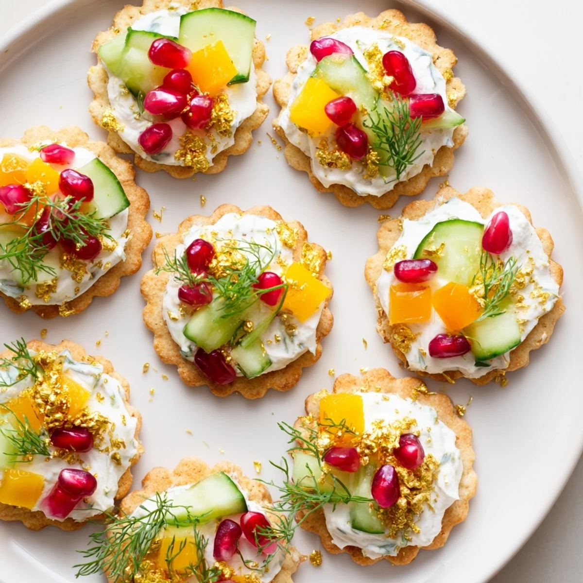 Delicious Ornament Shaped Cracker Toppings, with creamy base and vibrant red and yellow peppers, are a party appetizer.