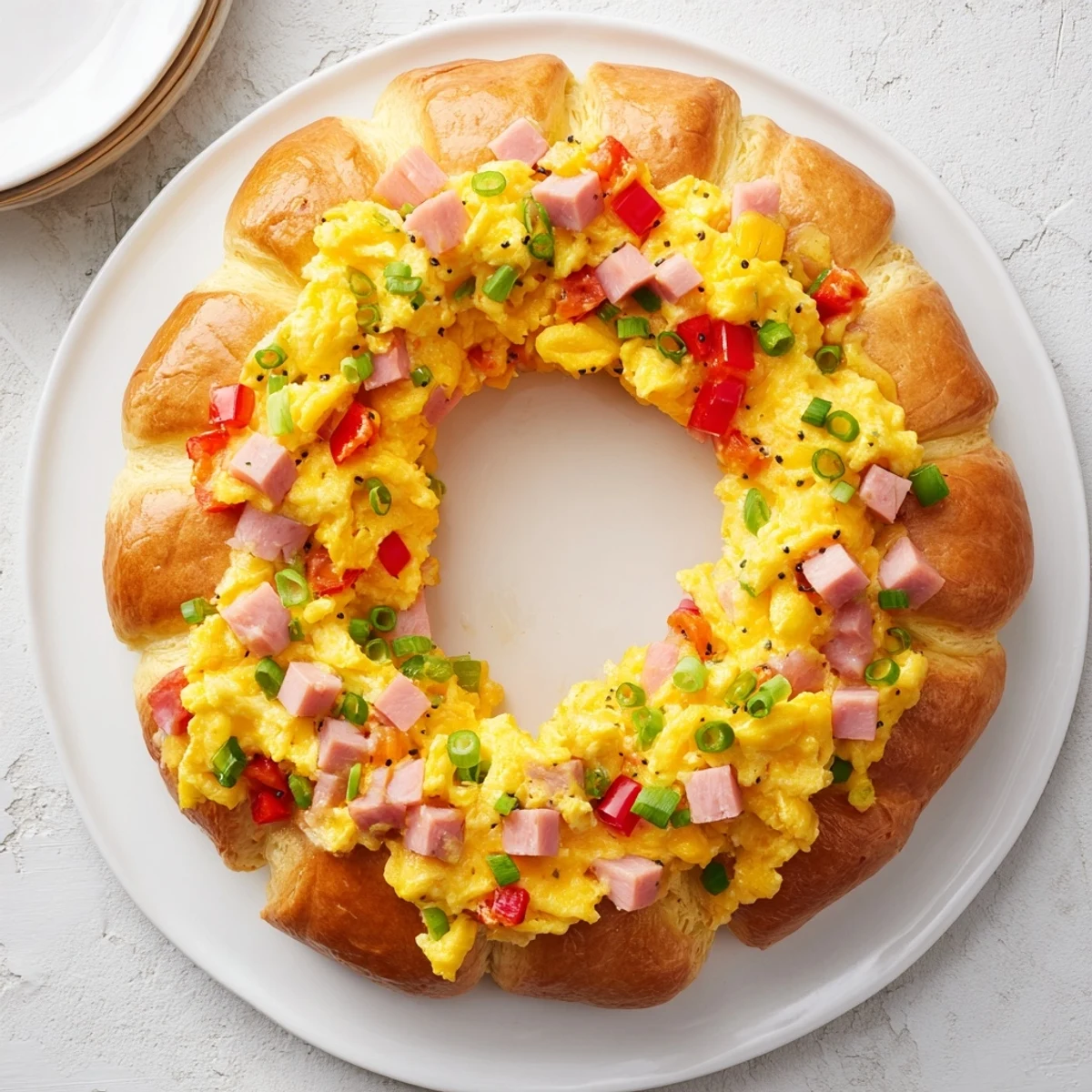 Golden-brown baked Wreath-Shaped Egg and Ham Bake, perfect for brunch, smells delicious with fresh herbs.