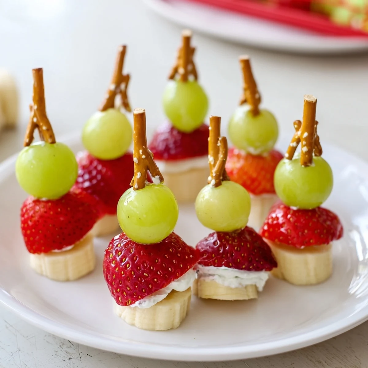 Bright red Elf Hat Strawberry Skewers topped with green grapes, a fun and healthy snack display.